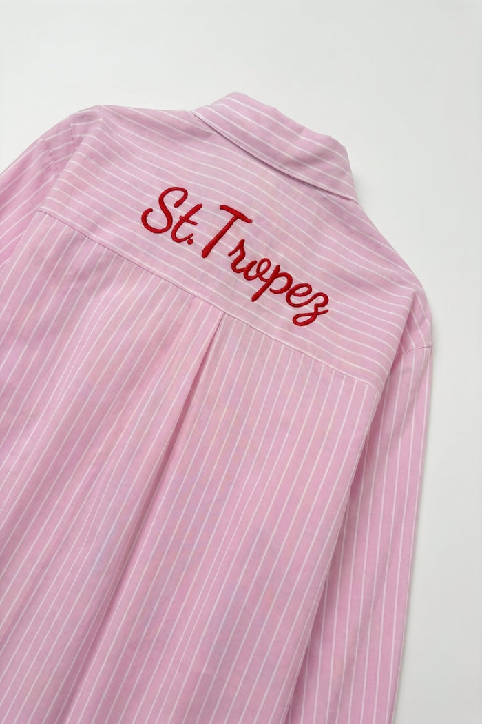 Pink Striped Button-Up Shirt with Embroidered Detail - Shirts