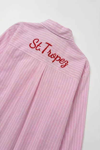 Pink Striped Button-Up Shirt with Embroidered Detail - Shirts