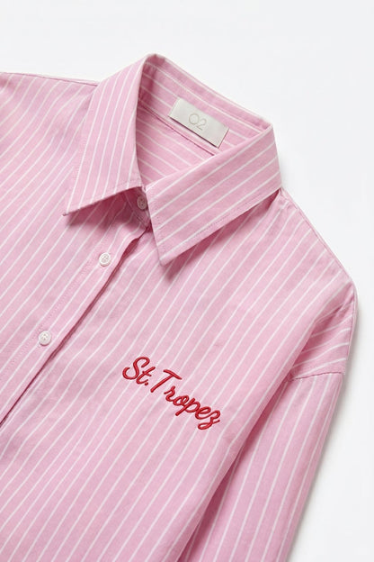 Pink Striped Button-Up Shirt with Embroidered Detail - Shirts
