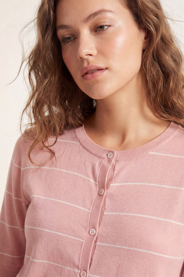 Pink Striped Knit Button-Up Cardigan with short sleeves