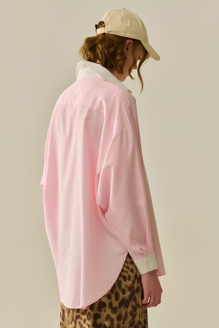 Pink Striped Shirt with pocket and white collar - Shirts