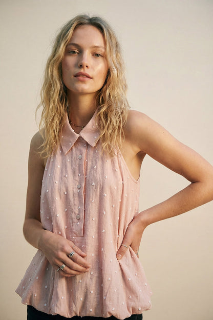 Pink Swiss Dot Sheer Sleeveless Blouse with Collar