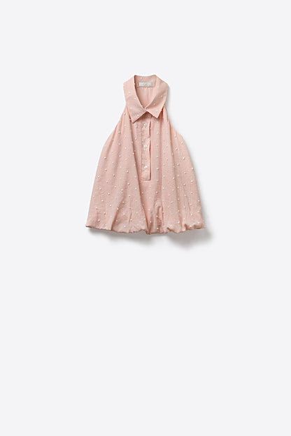 Pink Swiss Dot Sheer Sleeveless Blouse with Collar