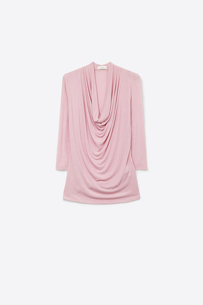 Pink three-quarter sleeve top with front draping and lightweight fabric
