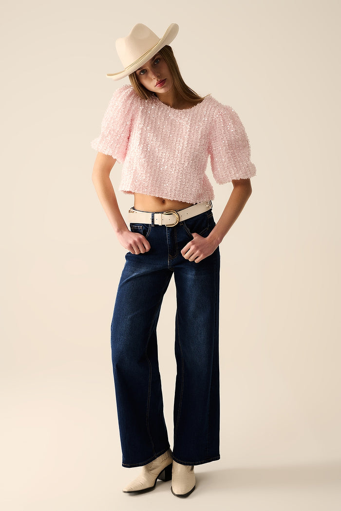 Pink top with sequin detail and balloon sleeves