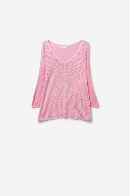 Pink V-Neck Lightweight Knit Sweater with Bead Detail