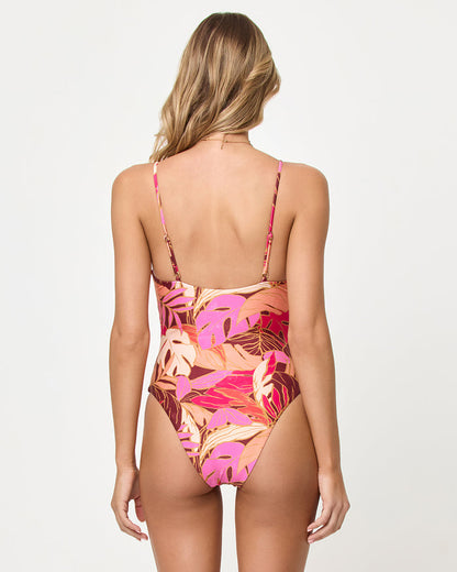LSPACE Piper one piece swimsuit in leaf it to me print, back view on model.