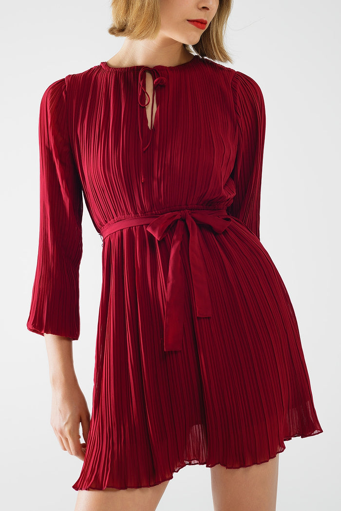 pleated chiffon dress in burgundy - dress