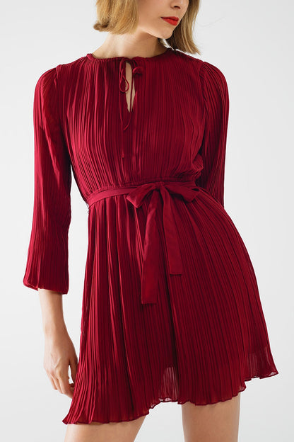 pleated chiffon dress in burgundy - dress