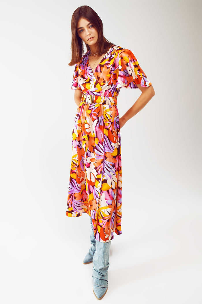Pleated Maxi V Neck Dress in Multicolour - dress