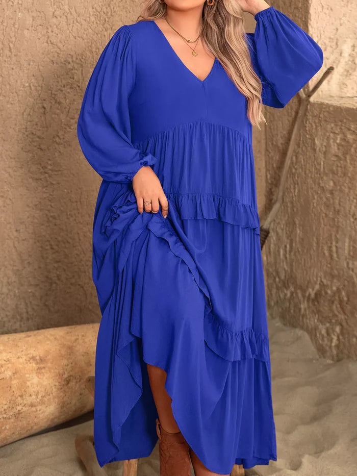 Plus Size Balloon Sleeve Ruffle Tiered Flowy Dress - Dresses