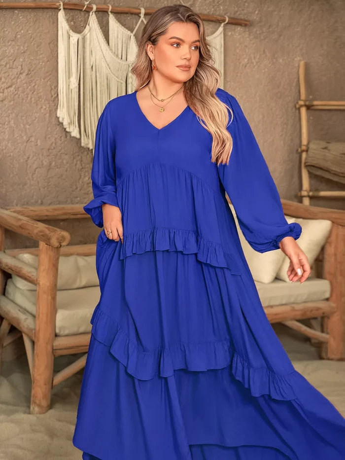 Plus Size Balloon Sleeve Ruffle Tiered Flowy Dress - Dresses