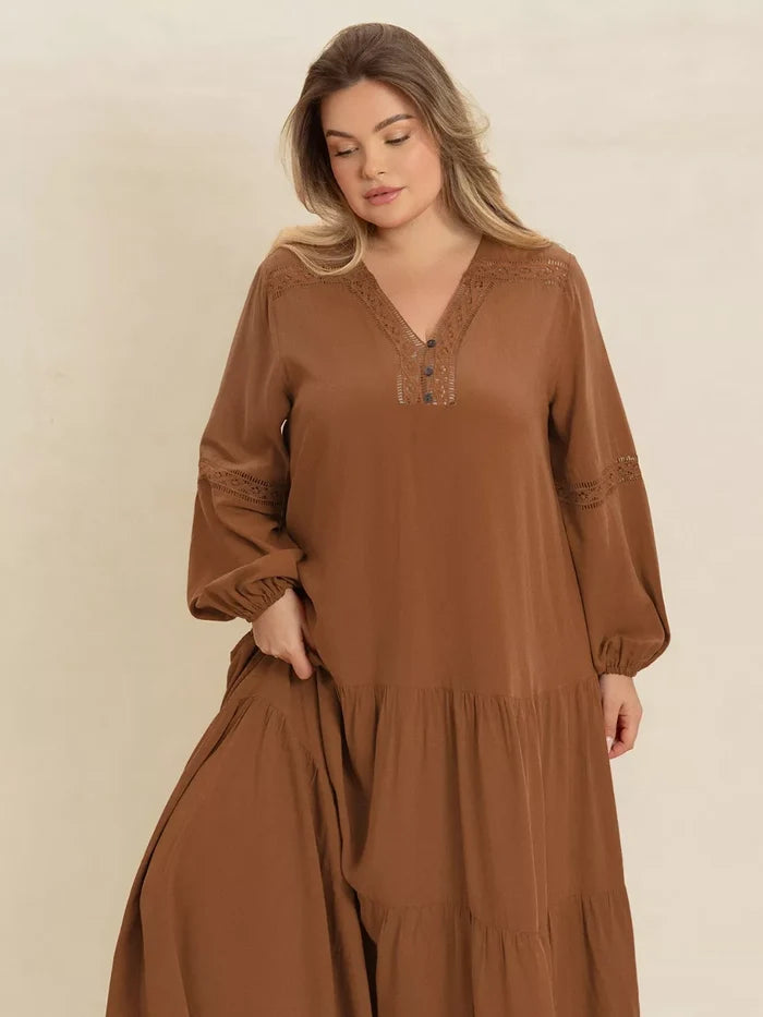 Plus Size Bohemian Tiered Maxi Dress with Balloon Sleeves - Dresses