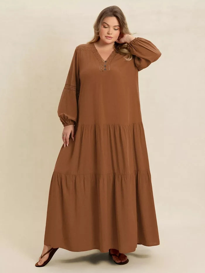 Plus Size Bohemian Tiered Maxi Dress with Balloon Sleeves - Dresses