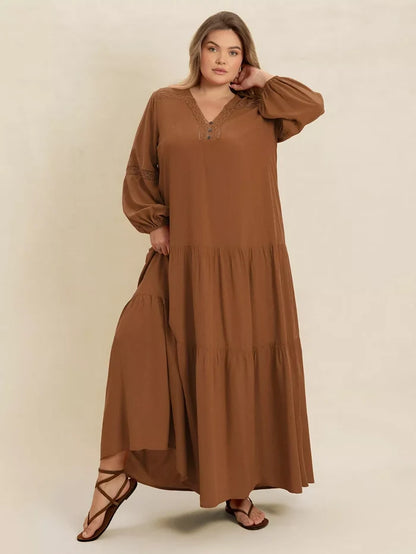 Plus Size Bohemian Tiered Maxi Dress with Balloon Sleeves - Dresses