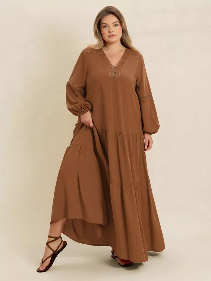 Plus Size Bohemian Tiered Maxi Dress with Balloon Sleeves - Dresses