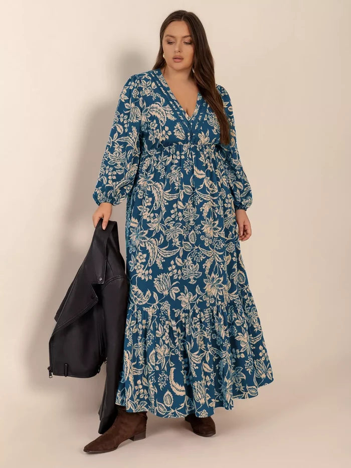 Plus Size Boho Floral Print Long Sleeve Maxi Dress - Dresses