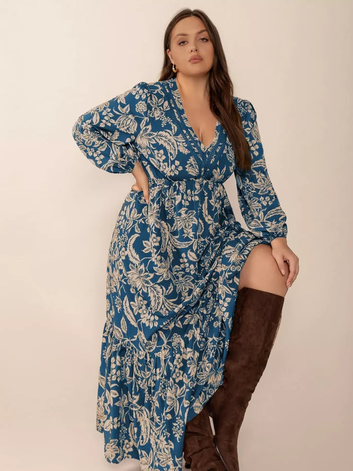 Plus Size Boho Floral Print Long Sleeve Maxi Dress - Dresses