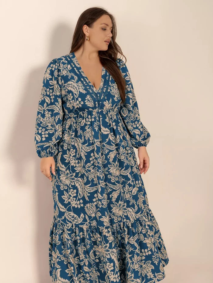 Plus Size Boho Floral Print Long Sleeve Maxi Dress - Dresses