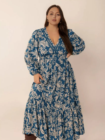 Plus Size Boho Floral Print Long Sleeve Maxi Dress - Dresses