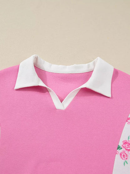 Plus Size Contrast Polo Collar Floral Patchwork Elastic Cuffs Long Sleeve Top - Polos
