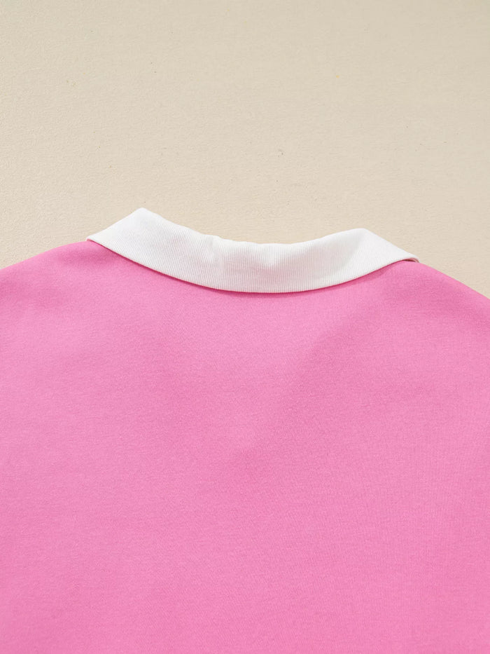 Plus Size Contrast Polo Collar Floral Patchwork Elastic Cuffs Long Sleeve Top - Polos