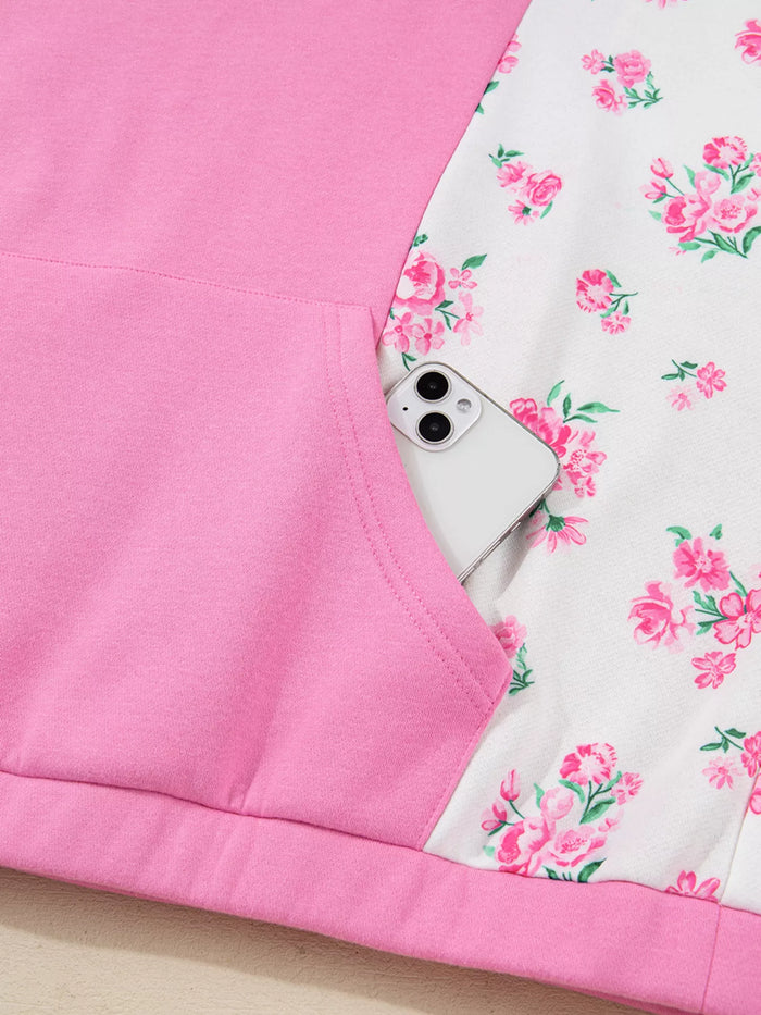 Plus Size Contrast Polo Collar Floral Patchwork Elastic Cuffs Long Sleeve Top - Polos