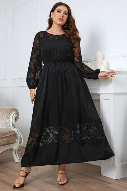 Plus Size Embroidered Long Sleeve Evening Dress Black - Dresses
