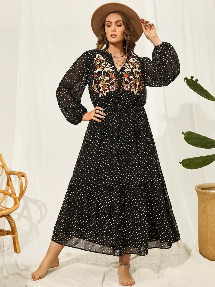 Plus Size Embroidered Tassel Balloon Sleeve Dress Black - Dresses