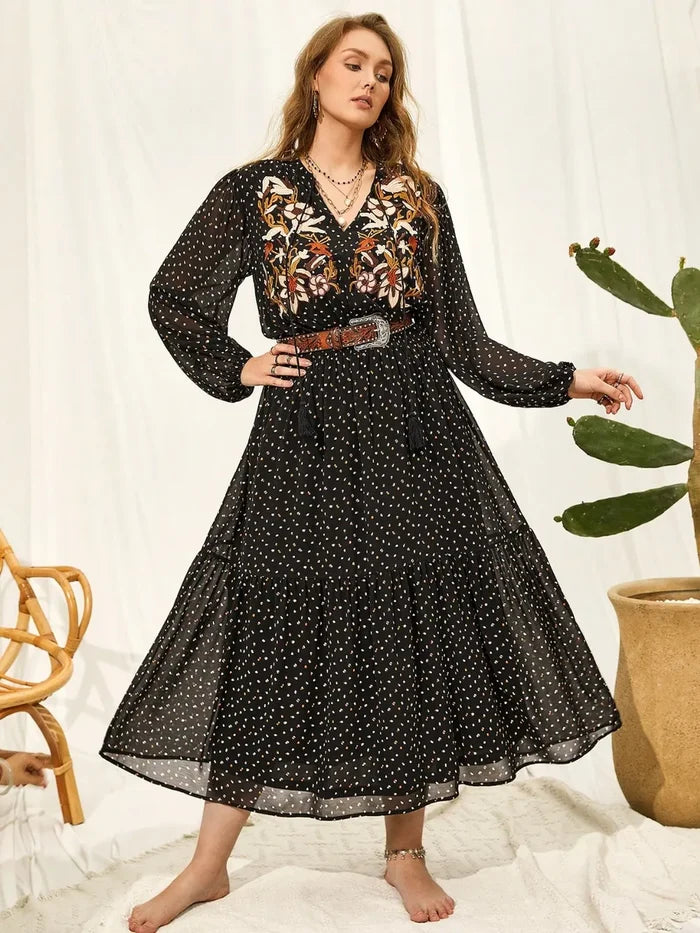 Plus Size Embroidered Tassel Balloon Sleeve Dress - Dresses