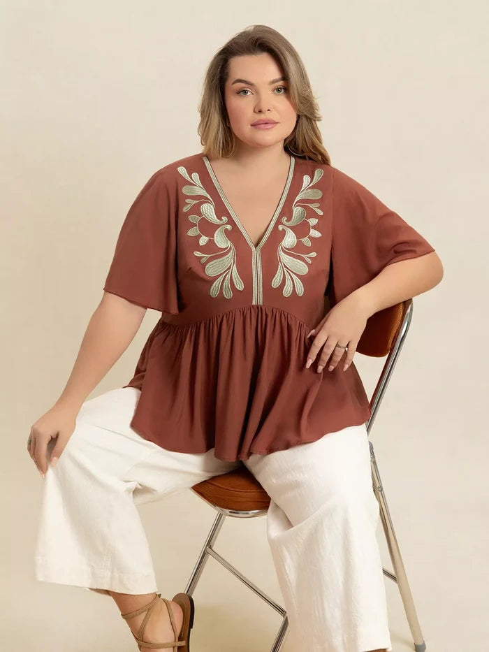 Plus Size Embroidered V-Neck Flutter Sleeve Blouse - Blouses