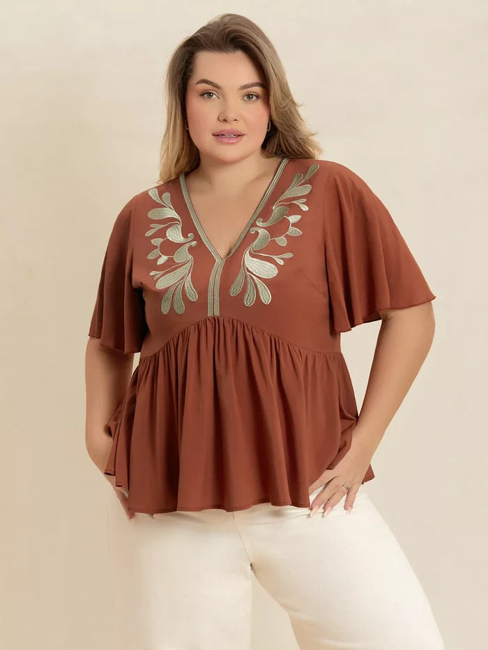 Plus Size Embroidered V-Neck Flutter Sleeve Blouse - Blouses