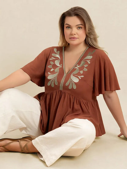 Plus Size Embroidered V-Neck Flutter Sleeve Blouse - Blouses