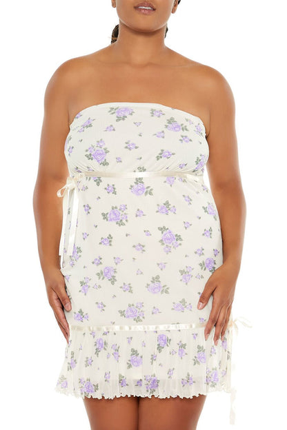 Plus Size Floral Bow Tube Mini Dress