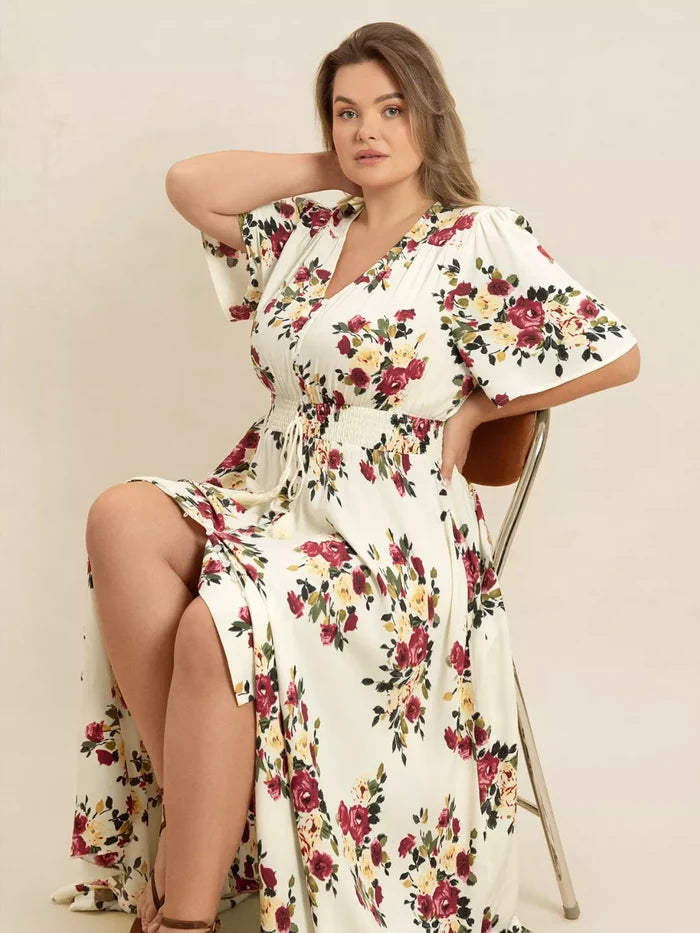 Plus Size Floral Flutter Sleeve Maxi Dress with Button Front - Dresses