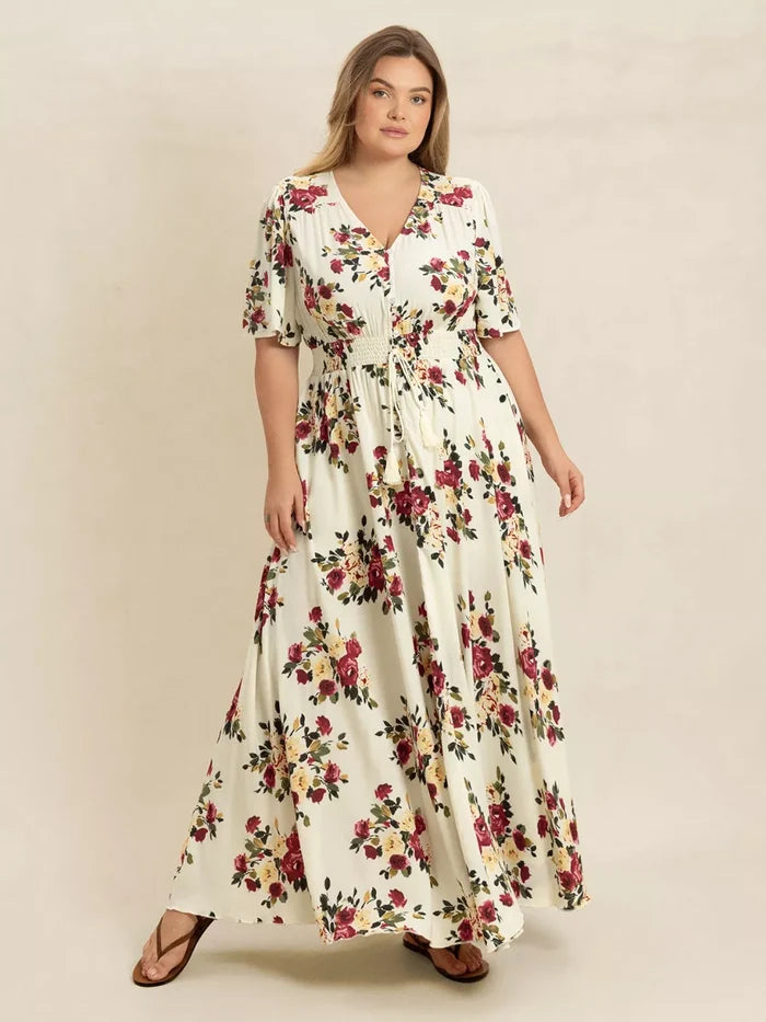 Plus Size Floral Flutter Sleeve Maxi Dress with Button Front - Dresses