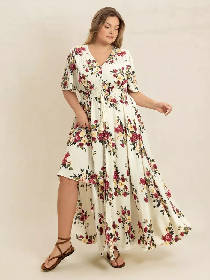 Plus Size Floral Flutter Sleeve Maxi Dress with Button Front - Dresses