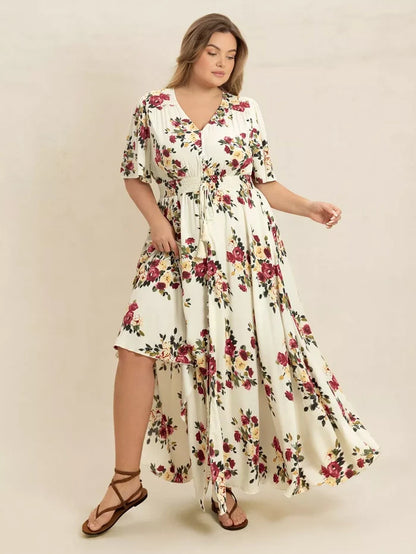 Plus Size Floral Flutter Sleeve Maxi Dress with Button Front - Dresses