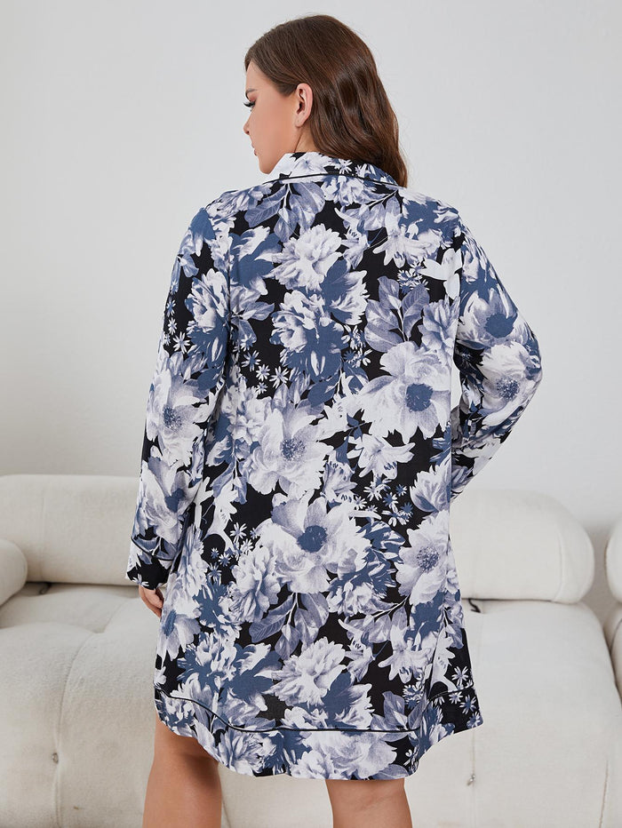Plus Size Floral Lapel Collar Long Sleeve Night Dress - Dresses