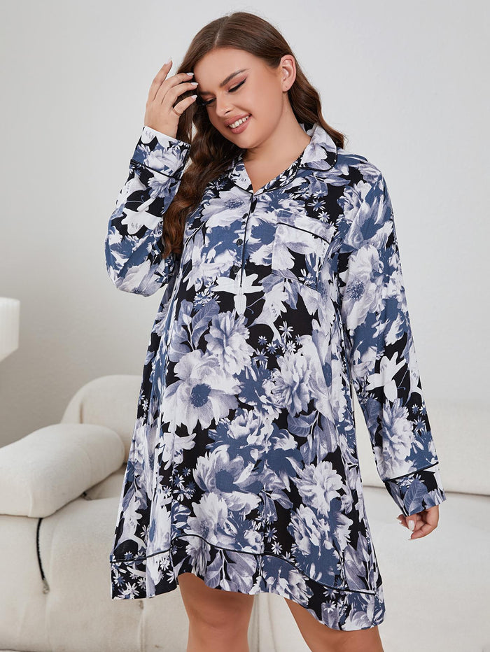 Plus Size Floral Lapel Collar Long Sleeve Night Dress - Dresses
