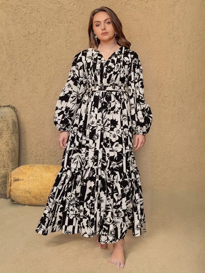 Plus Size Floral Print Balloon Sleeve Maxi Dress Black - Dresses