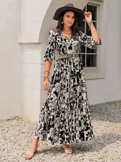 Plus Size Floral Print Balloon Sleeve Maxi Dress - Dresses