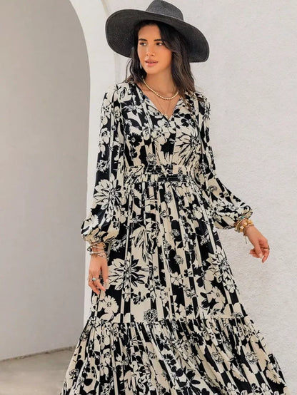 Plus Size Floral Print Balloon Sleeve Maxi Dress - Dresses