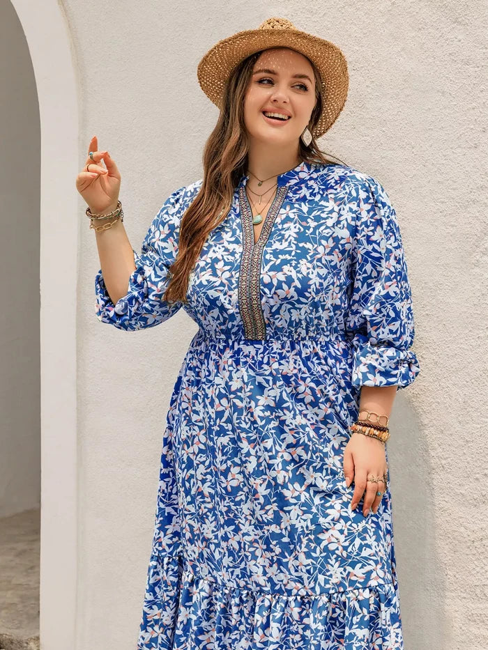 Plus Size Floral Print Bohemian Maxi Dress Blue - Dresses