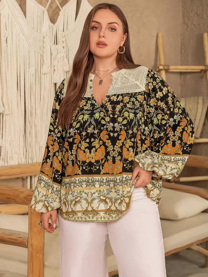 Plus Size Floral Print Notched Blouse Black - Blouses