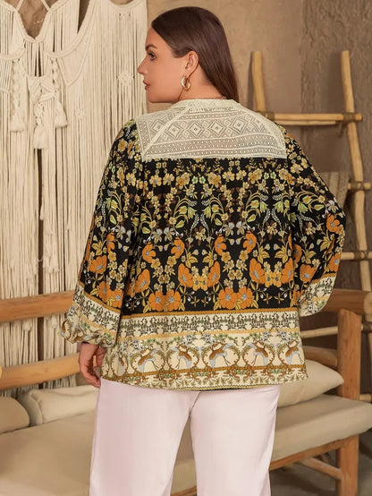 Plus Size Floral Print Notched Blouse - Blouses