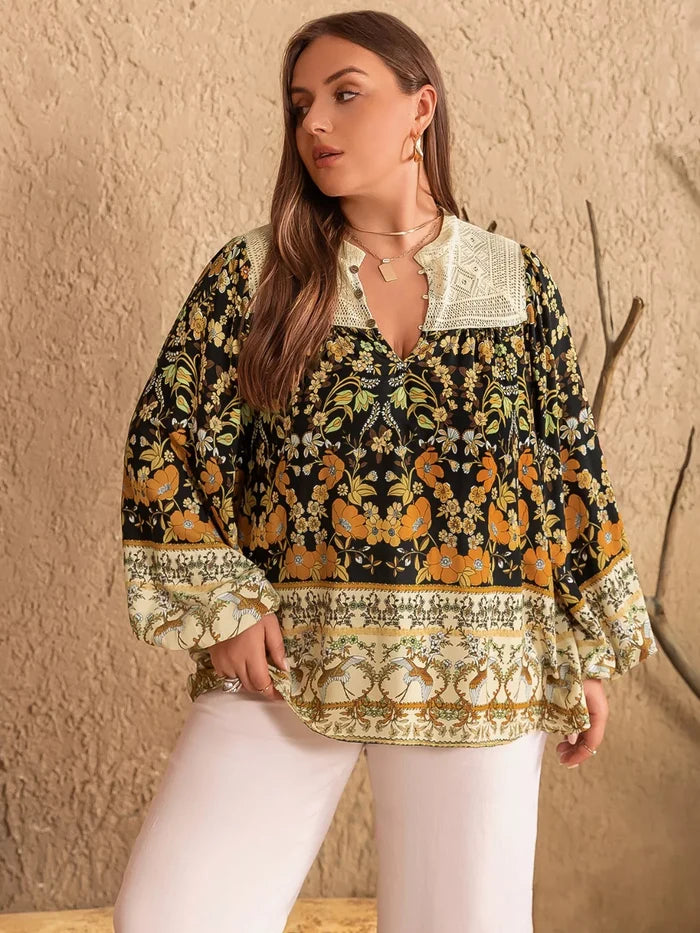 Plus Size Floral Print Notched Blouse - Blouses