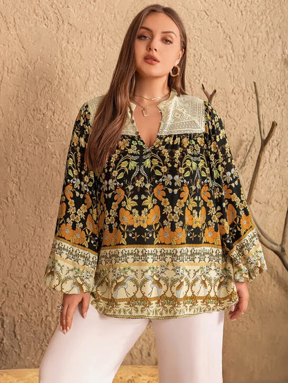 Plus Size Floral Print Notched Blouse - Blouses