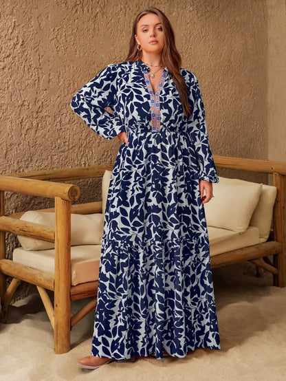 Plus Size Floral Print Notched Long Sleeve Maxi Dress - Dresses