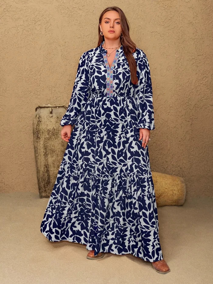 Plus Size Floral Print Notched Long Sleeve Maxi Dress - Dresses